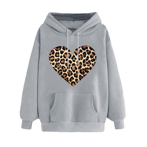Goodeals Reduced,Love Heart Sweatshirt Women Oversized Valentines Day Pullover Cute Leopard Print Print Tops Hooded Fashion Drawstring Sweatshirts(Gray,M)
