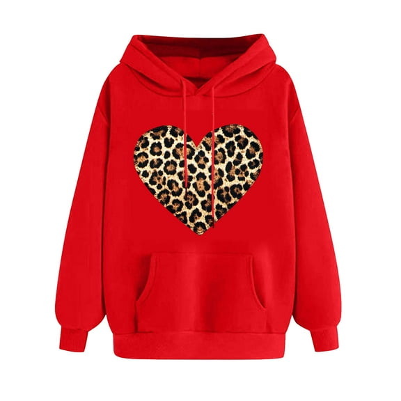 Love Heart Sweatshirt Women Oversized Valentines Day Pullover Cute Leopard Print Print Tops Hooded Fashion Drawstring Sweatshirts(Red,L)
