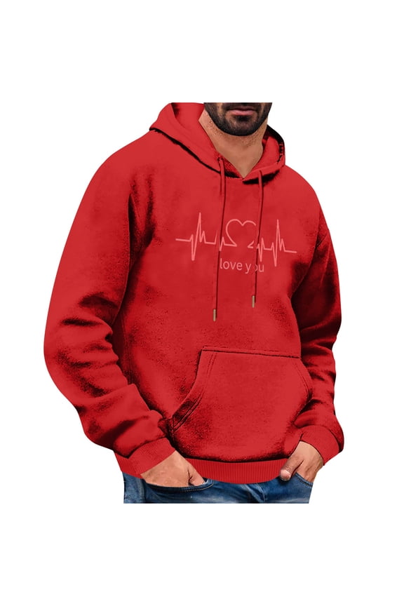 Reduced,Men's Happy Valentine's Day Pullover Sweatshirts with Hoody Love Heart Print Hooded Casual Graphic Basic Sweatshirts Aesthetic Hoodies with Pocket(Red,L)