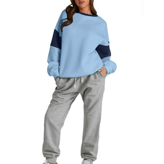 Goodeals Reduced,Round Neck Sweatshirts for Women Colorblock Long Sleeve Oversized Sweatshirt 2024 Crewneck Casual Loose Pullover Tops(Sky Blue,S)