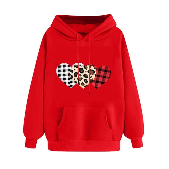 Goodeals Reduced,Valentines Hoodies Women Love Heart Graphic Sweatshirts Leopard Heart Print Pullover Casual Long Sleeve Hoodie Valentine's Day Oversized Tops(Red,M)