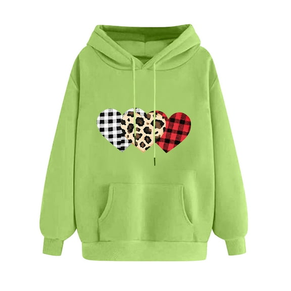 Goodeals Reduced,Valentines Hoodies Women Love Heart Graphic Sweatshirts Leopard Heart Print Pullover Casual Long Sleeve Hoodie Valentine's Day Oversized Tops(Green,XXL)