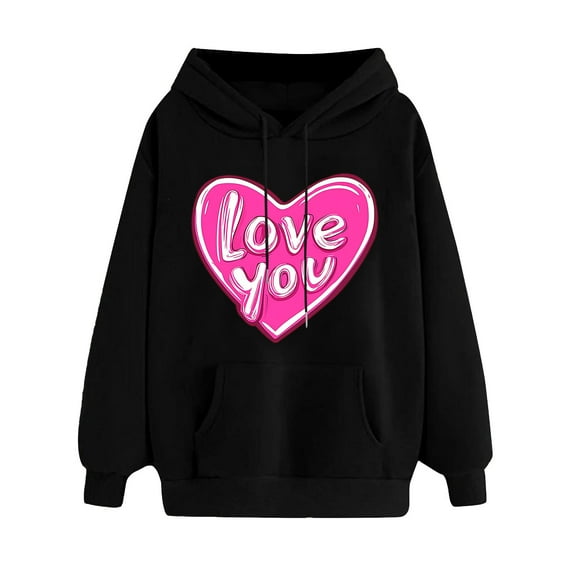 Goodeals Reduced,Valentines Hoodies for Women Cute Love Sweatshirt Love Heart Graphic Pullover Trendy Holiday Drawstring Long Sleeve Tops(Black,L)