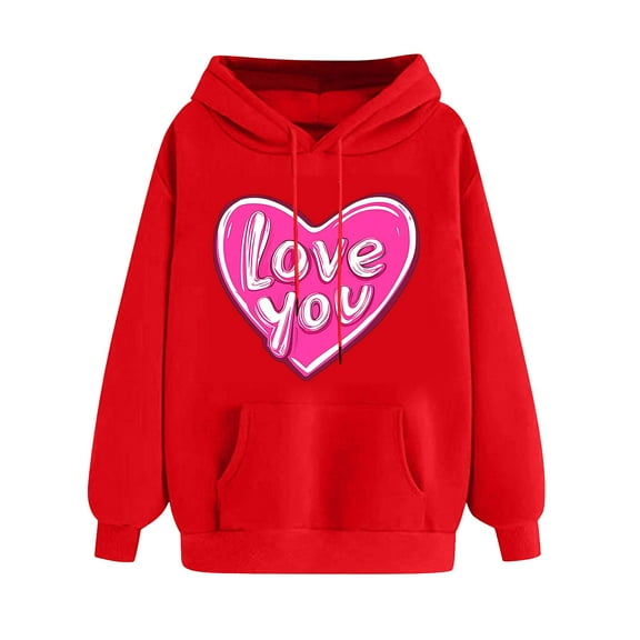 Goodeals Reduced,Valentines Hoodies for Women Cute Love Sweatshirt Love Heart Graphic Pullover Trendy Holiday Drawstring Long Sleeve Tops(Red,XL)