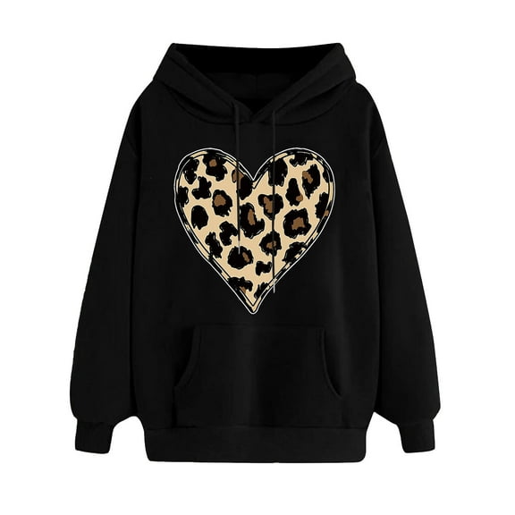 Valentines Sweatshirts for Women Trendy Leopard Love Heart Grahic Hoodies Long Sleeve Loose Casual Sweatshirt with Pockets(Black,XL)