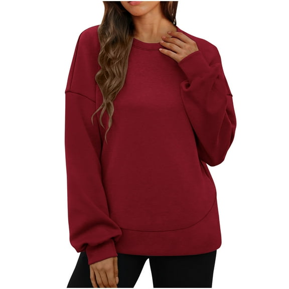 Goodeals Reduced,Women's Crewneck Sweatshirt Long Sleeve Seam Hem Tunic Tops Trendy Crew Neck Pullober Shirts Soft Loose Fit Outfits(Wine,XXL)