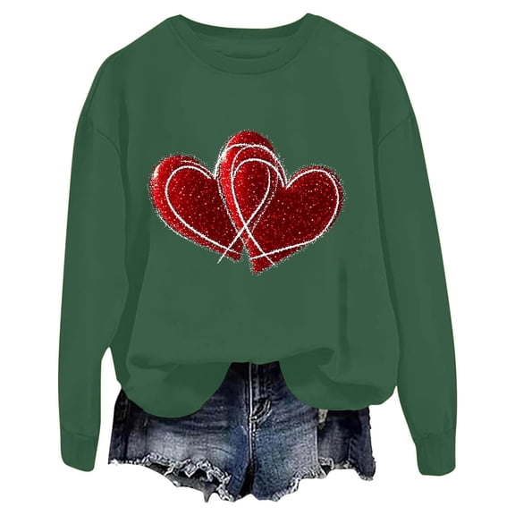 Goodeals Reduced,Women's Heart Print Shirts Crewneck Fleece Sweatshirts Cute Long Sleeve Casual Tops Fashion Valentine's Day Pullober Tops for Women(Green,L)