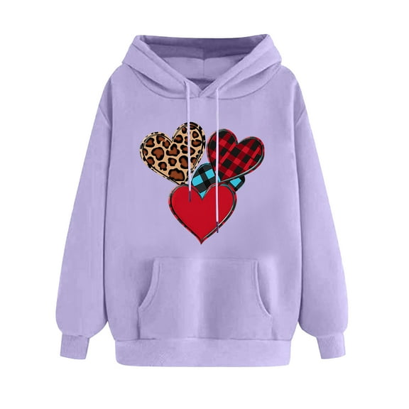 Goodeals Reduced,Women's Leopard Heart Print Hooded Valentine's Long Sleeve Pullover Tops Oversized Love Plaid Sweatshirt Teacher Shirt(Purple,XXL)