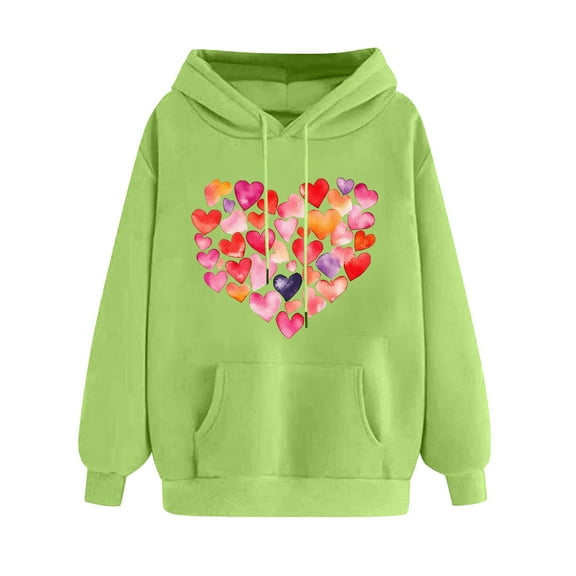 Goodeals Reduced,Women's Oversized Sweatshirt Valentine's Day Heart Sweatshirts Long Sleeve Cute Graphic Hoodie Shirts Drop Shoulder Pullovers Top(Green,L)