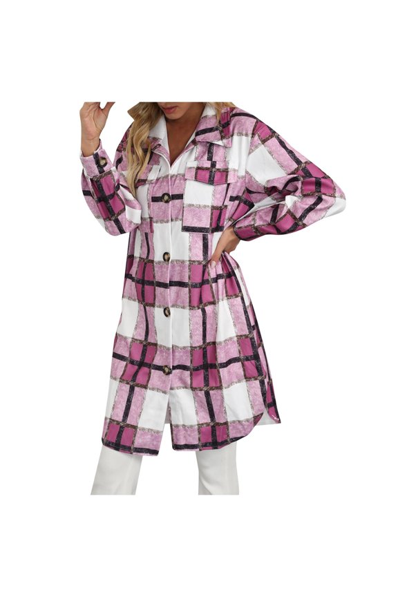 Reduced,Women's Plaid Flannel Jacket Shacket Long Sleeve Button Down Shirts Long Jackets Fall Fashion Outfits Trendy Collared Clothes(Pink,S)
