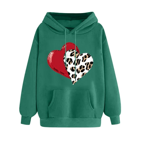 Womens Valentine Hoodie Sweatshirts Leopard Valentine's Day Fleece Pullover Plaid Love Heart Graphic Tops Long Sleeve Kanga Pocket Drop Shoulder Shirts(Army Green,L)
