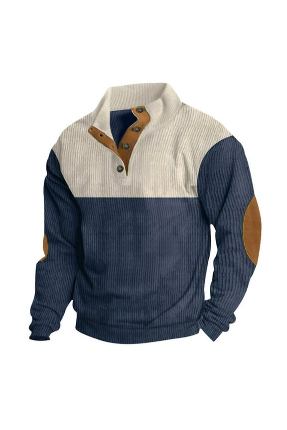 Corduroy Pullover Sweatshirt for Men Long Sleeve Henry 1/4 Button Shirts Casual Stand Collar Polo Sweater Shirts with Elbow Patches(Navy,S)