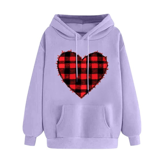 Goodeals Saving,Cute Valentines Day Sweatshirt for Women Love Heart Pullover Sweatshirts Buffalo Plaid Graphic Hooded Tops Girls Funny Spring Clothes(Purple,M)