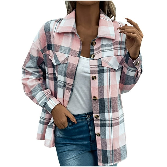 Goodeals Saving,Flannel Plaid Shacket for Women Long Sleeve Button Down Shirts Jacket Fall Winter Mid-Length Outfits(Pink,L)