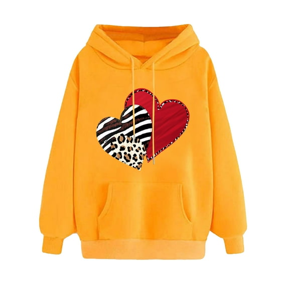 Goodeals Saving,Funny Leopard Heart Love Graphic Hooded for Women Cute Valentine's Day Fleece Sweatshirt Long Sleeve Drawstring Pullover Hoodie Oversized Sweatshirt Tops(Yellow,L)