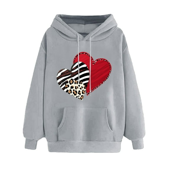 Funny Leopard Heart Love Graphic Hooded for Women Cute Valentine's Day Fleece Sweatshirt Long Sleeve Drawstring Pullover Hoodie Oversized Sweatshirt Tops(Gray,XL)