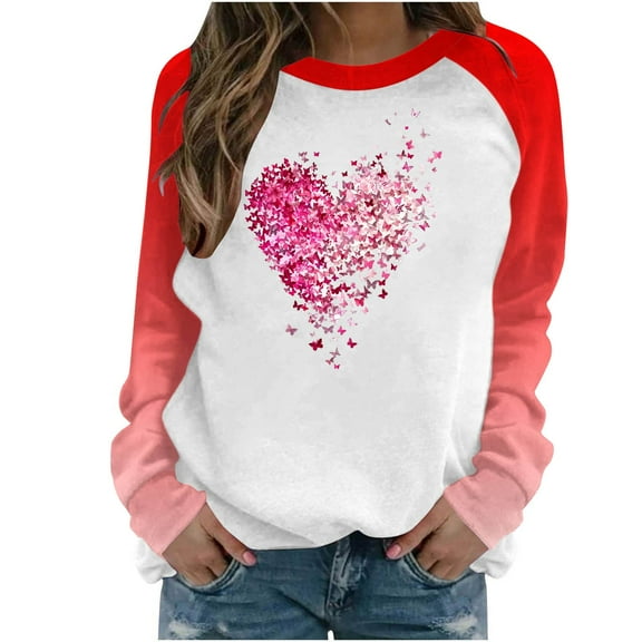 Happy Valentine's Day Sweatshirt for Women Casual Drop Shoulder Drop Shoulder Long Sleeve Pullover Tops Cute Heart Graphic Crewneck Shirts(Red,XL)