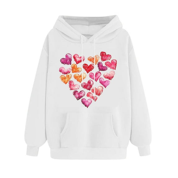 Heart Sweatshirt Women Valentine's Day Hoodies Funny Graphic Long Sleeve Lightweight Shirt Oversized Holiday Pullover Fleece Sweatshirts(White,S)