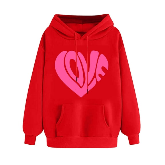 Goodeals Saving,Hoodies for Women Casual Fleece Sweatshirts Cute Love Heart Print Long Sleeve Pullover with Pocket(Red,XL)