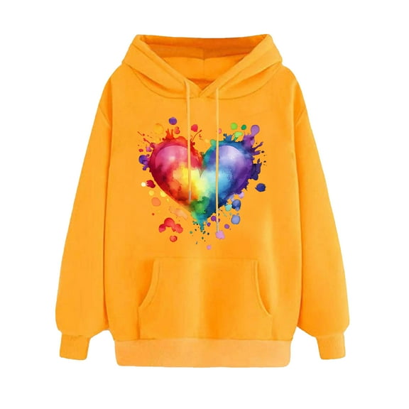 Hugs and Kisses Rainbow Love Hoodie for Women Valentines Fleece Sweatshirts Long Sleeve Loose Casual Sweatshirt with Pockets(Yellow,S)