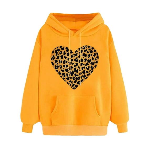 Goodeals Saving,Love Heart Poullver Tops for Women Valentines Day Leopard Sweatshirts Cute Long Sleeve Casual Hoodies Fleece Loose Hoodie Sweatshirt(Yellow,M)