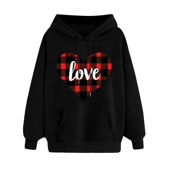 Goodeals Saving,Love Valentine Hoodies Women Plaid Heart Printed Hooded Cute Graphic Sweatshirts Long Sleeve Pocket Drop Shoulder Pullover Oversized Fleece Sweatshirt(Black,L)