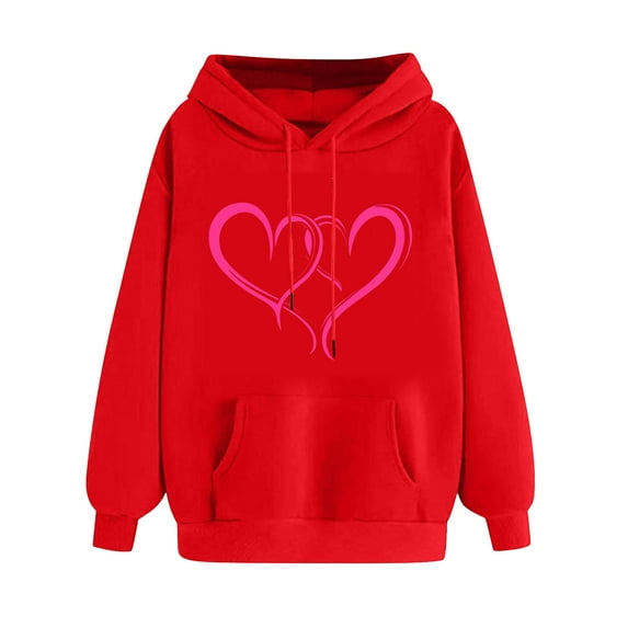 Goodeals Saving,Sweatshirt Long Sleeve Hoodie Plus Size Valentines Day Hoodies Love Heart Graphic Pullover Drawstring Loose Long Sleeve Shirt Tops(Red,XXL)