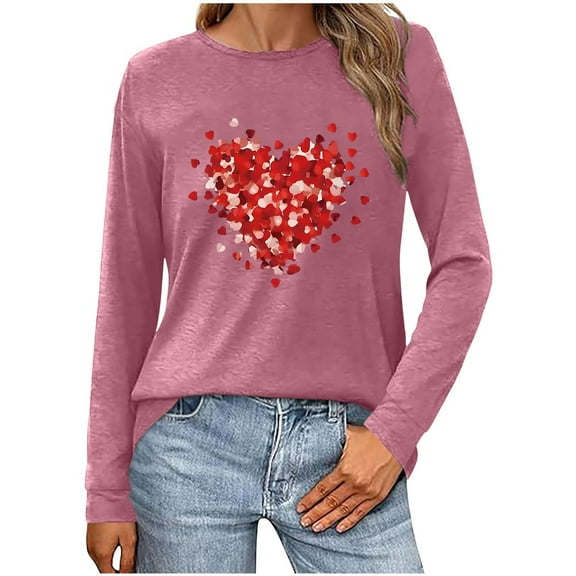 Goodeals Saving,Valentine's Day Crewneck T Shirts Womens Funny Double Heart Graphic Shirts Valentines Gift Tshirt Long Sleeve Couple Tops(Pink,XL)