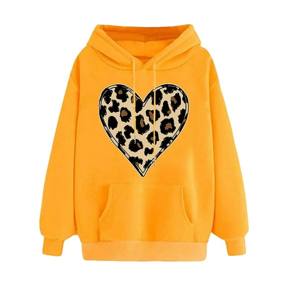 Goodeals Saving,Valentines Sweatshirts for Women Trendy Leopard Love Heart Grahic Hoodies Long Sleeve Loose Casual Sweatshirt with Pockets(Yellow,L)