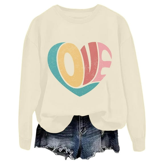 Women Heart Print Sweatshirt Crewneck Fleece Tops Love Heart Printed Graphic Pullover Sweatshirts Cute Long Sleeve Valentine Day Tops(Beige,M)