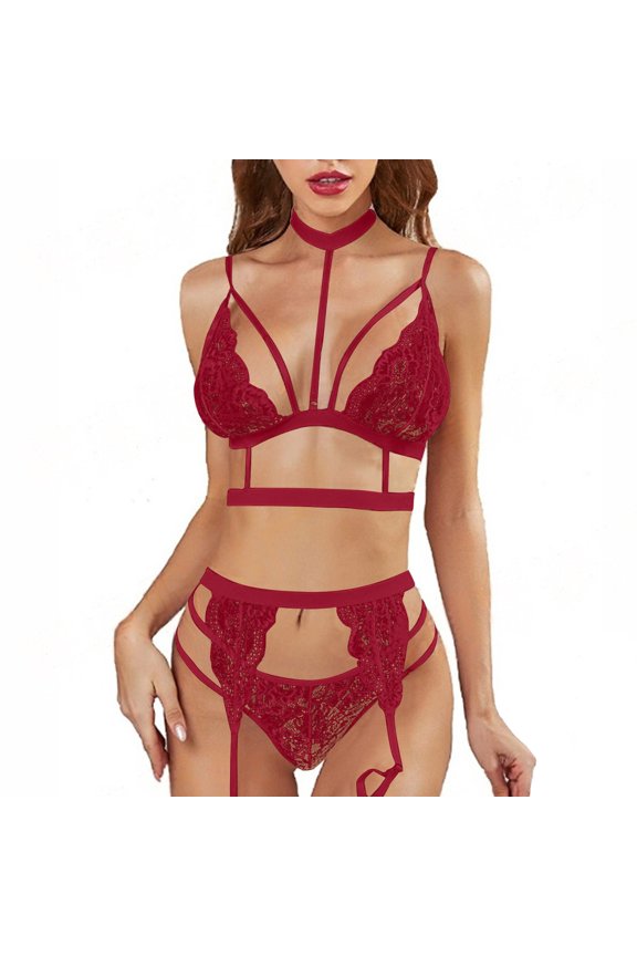 Saving,Women Lace Lingerie Set, Fashion Three Piece Underwear Set, Lightweight Summer Breathable Bras with Garter Belt(Wine,XXL)