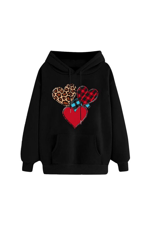Saving,Women's Leopard Heart Print Hooded Valentine's Long Sleeve Pullover Tops Oversized Love Plaid Sweatshirt Teacher Shirt(Black,M)