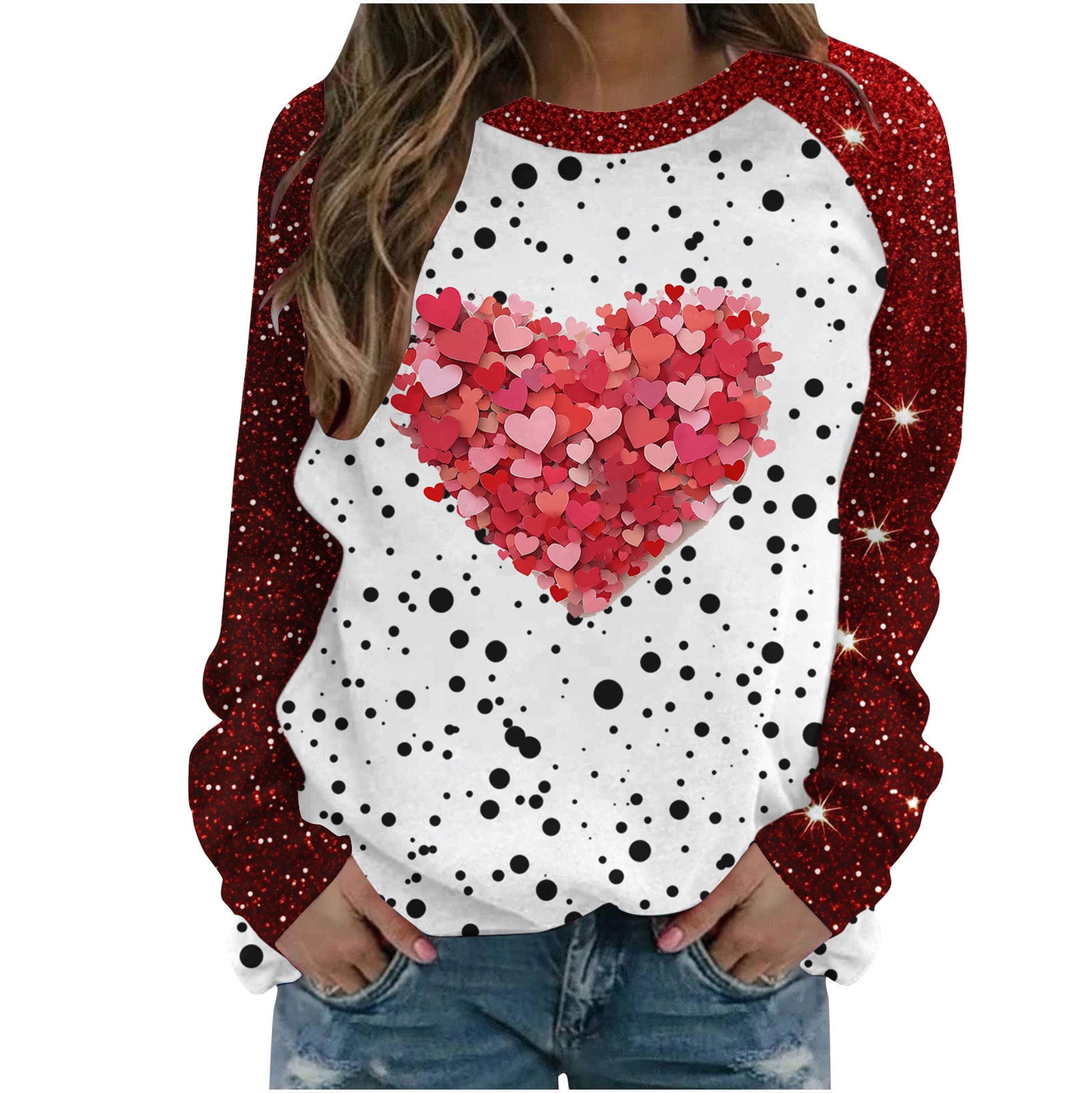 Heart Print Sparkling Long Sleeve T-Shirt
