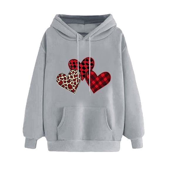 Women's Valentine's Day Fleece Hoodies Funny Leopard Printed Plaid Heart Sweatshirts Loose Long Sleeve Hoodie Top Shirts(Gray,XXL)