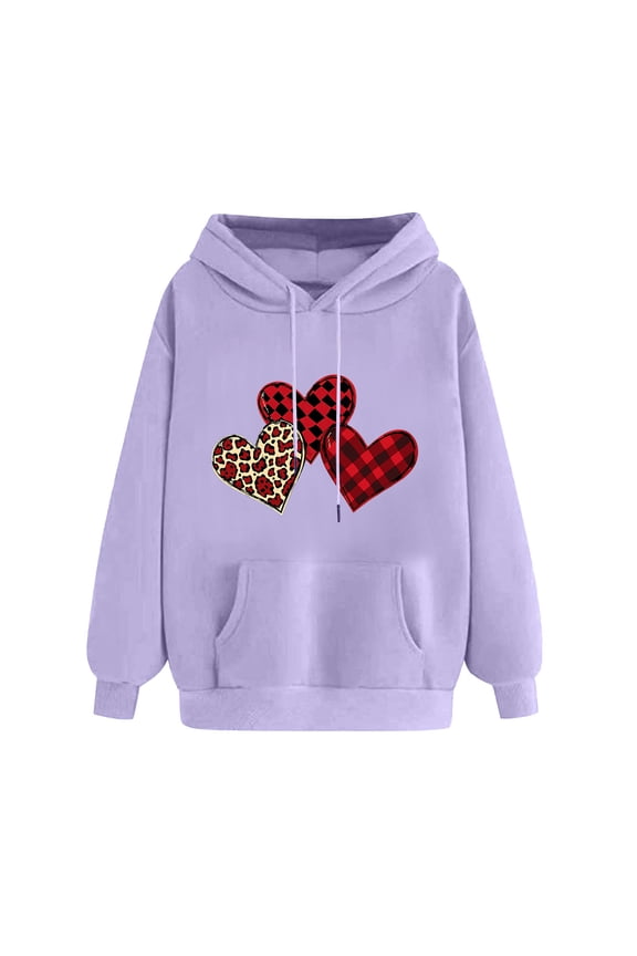 Women's Valentine's Day Fleece Hoodies Funny Leopard Printed Plaid Heart Sweatshirts Loose Long Sleeve Hoodie Top Shirts(Purple,XL)