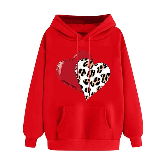 Goodeals Saving,Womens Valentine Hoodie Sweatshirts Leopard Valentine's Day Fleece Pullover Plaid Love Heart Graphic Tops Long Sleeve Kanga Pocket Drop Shoulder Shirts(Red,XXL)