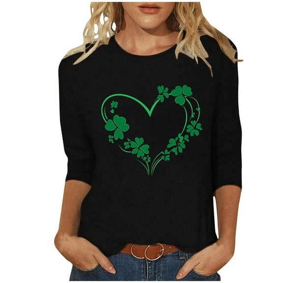 Goodeals Shamrock Heart Graphic Tees Women Saint Patricks Day Shirts 3/4 Sleeve St Patrick's Day Clover T-Shirt Funny Teacher Round Neck Tops Tees(Black,M)