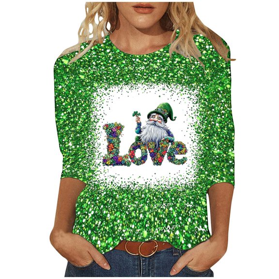 Goodeals Sleeveless Shirts for Women Clover St Patrick's Day Graphic Tees Tshirts Comfy 3/4 Length Sleeve Crewneck Tops Loose Fit Tunic Blouses(Green,XXL)