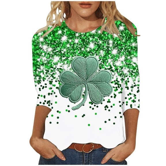 Goodeals Sleeveless Shirts for Women Clover St Patrick's Day Graphic Tees Tshirts Comfy 3/4 Length Sleeve Crewneck Tops Loose Fit Tunic Blouses(Multicolor,S)