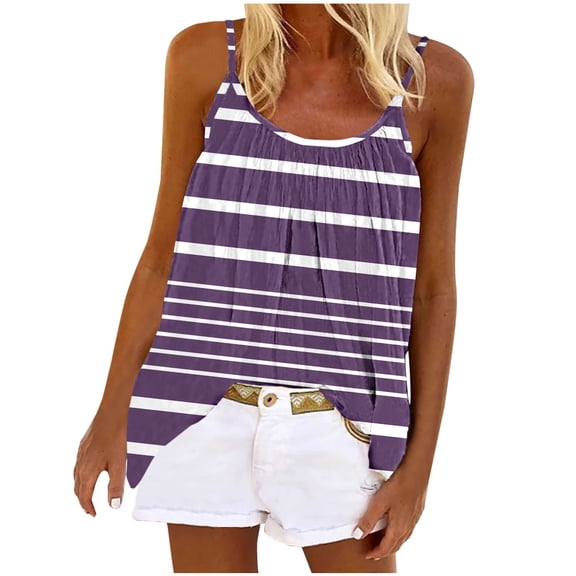 Goodeals Spaghetti Strap Camisoles Womens Striped Color Block Tank Tops Loose Summer Pleated Blouses U Neck Flowy T Shirts(Purple,XL)