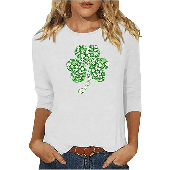 Goodeals St Patrick's Day Tees for Women Irish Shamrock Graphic Shirt Funny Lucky Clover 3/4 Sleeve Shirts Pullover Tops Cute Crewneck Loose Tunics(White,M)