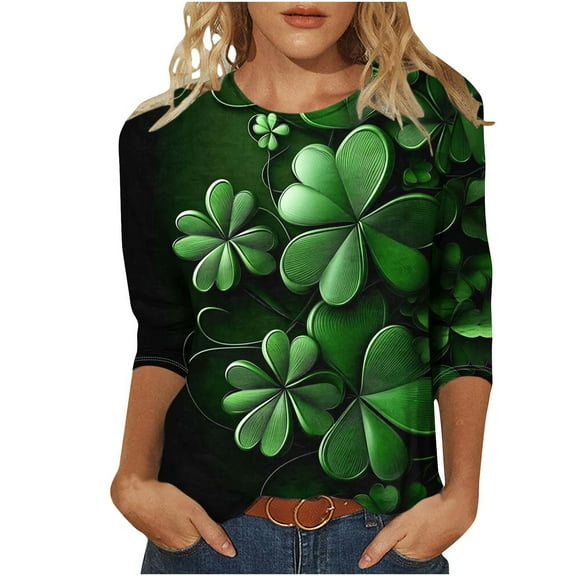 Goodeals St Patricks Day Shirt Women 3D Lucky Shamrock Graphic Tee Tops Casual 3/4 Sleeve T Shirts 2025 Soft Round Neck Loose Fit Tunics(Green,L)