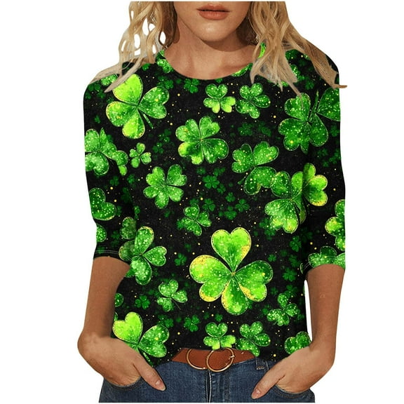 Goodeals St Patricks Day Shirt Women 3D Lucky Shamrock Graphic Tee Tops Casual 3/4 Sleeve T Shirts 2025 Soft Round Neck Loose Fit Tunics(Green,XXXXL)