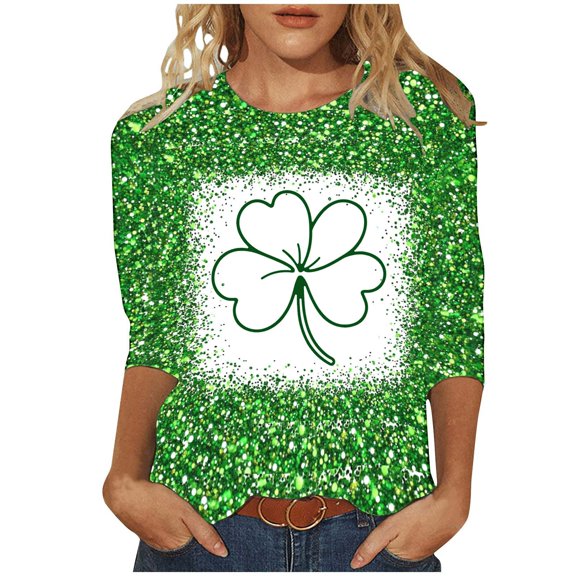 Goodeals St Patricks Day Tee Tops for Women Summer Casual 3/4 Sleeve Shirts Clover Lucky Shamrock T Shirts Funny Graphic Top Loose Fit Tunic Fashion Irish Outfits(Green,XXXXL)