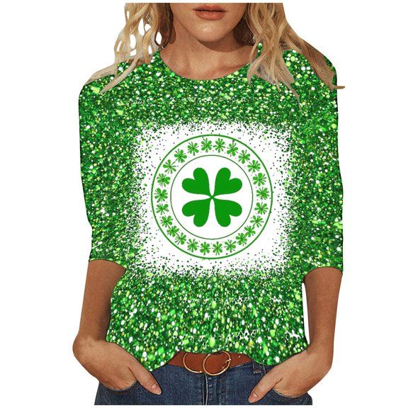 Goodeals St Patricks Day Tee Tops for Women Summer Casual 3/4 Sleeve Shirts Clover Lucky Shamrock T Shirts Funny Graphic Top Loose Fit Tunic Fashion Irish Outfits(Green,XXXXL)