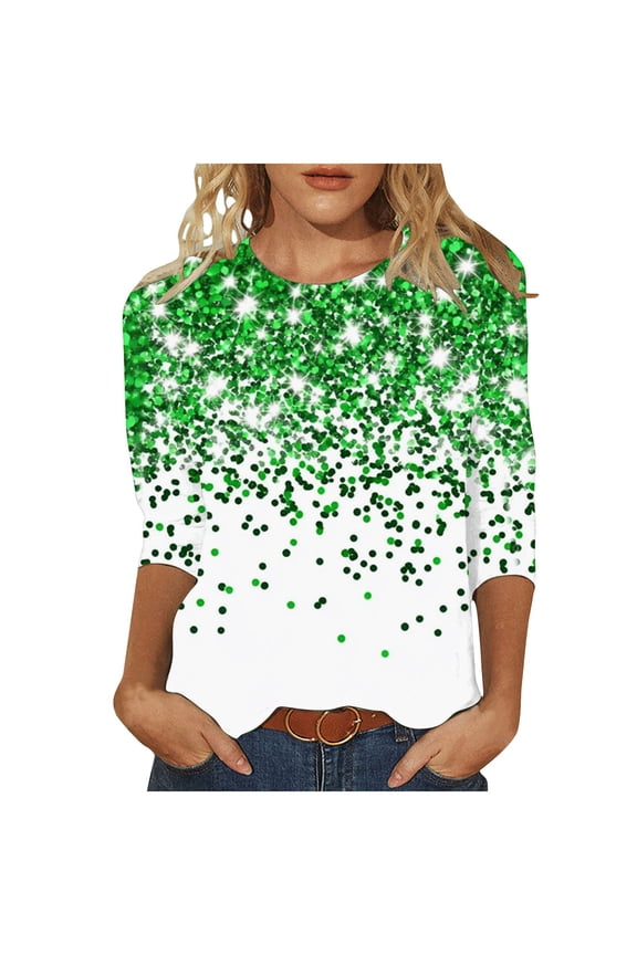 St Patty's Day Shirt Women Glitter Sparkler Printed T Shirts 2025 Casual Plus Size 3/4 Length Sleeve Tops Summer Irish Clover Shirts Funny Saint Patrick's Tunic Tops(Multicolor,XXXXL)