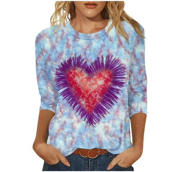 Goodeals Valentine's Day T Shirts Womens Tie Dye Cute Heart Love Graphic Tees 3/4 Sleeve Tunic Tops Loose Crewneck Valentine's Day Heart Tshirts(Light Blue,L)