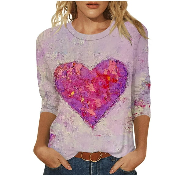 Goodeals Valentine's Day T Shirts Womens Tie Dye Cute Heart Love Graphic Tees 3/4 Sleeve Tunic Tops Loose Crewneck Valentine's Day Heart Tshirts(Pink,L)