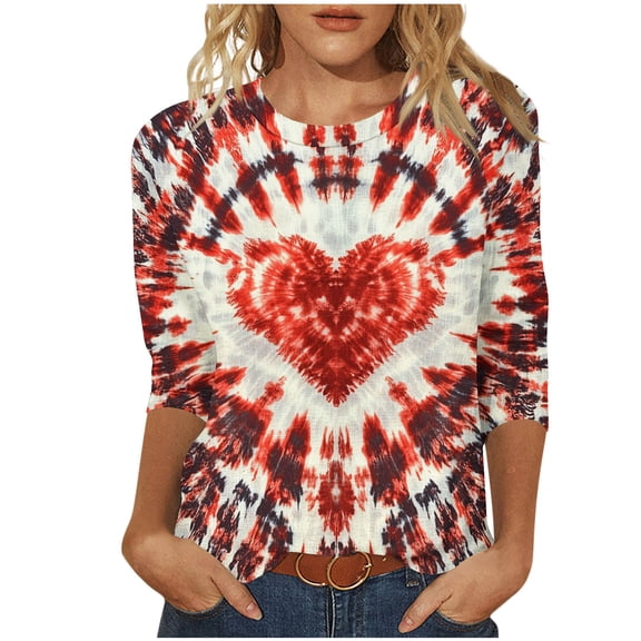 Goodeals Valentine's Day T Shirts Womens Tie Dye Cute Heart Love Graphic Tees 3/4 Sleeve Tunic Tops Loose Crewneck Valentine's Day Heart Tshirts(Pink,M)