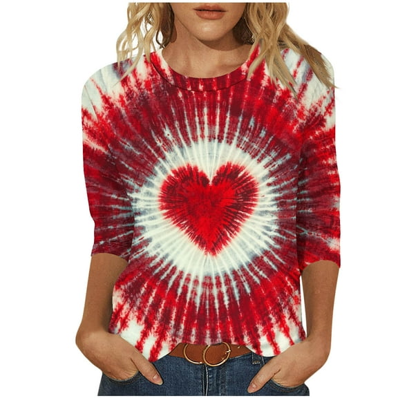 Goodeals Valentine's Day T Shirts Womens Tie Dye Cute Heart Love Graphic Tees 3/4 Sleeve Tunic Tops Loose Crewneck Valentine's Day Heart Tshirts(Red,L)